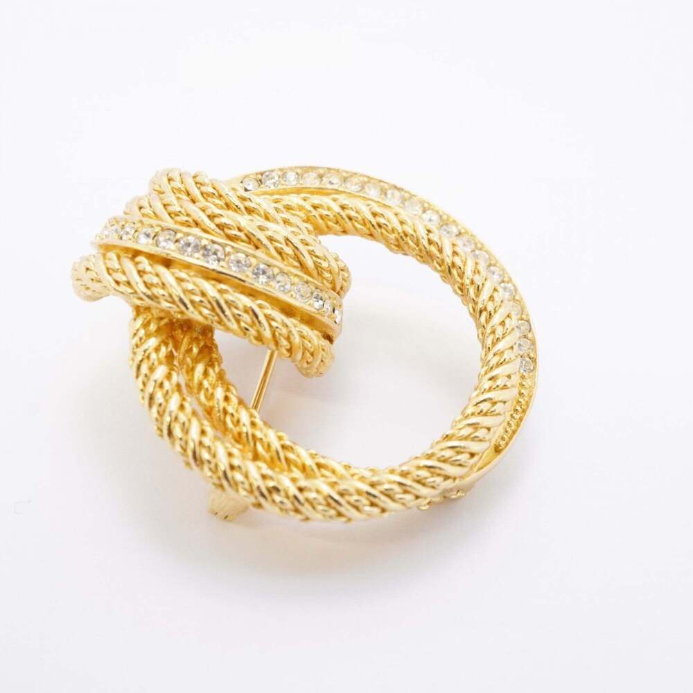 Christian Dior Brooch, Rope Design, GP Plated, Rhinestone, Gold, Women's - Picture 2 of 6